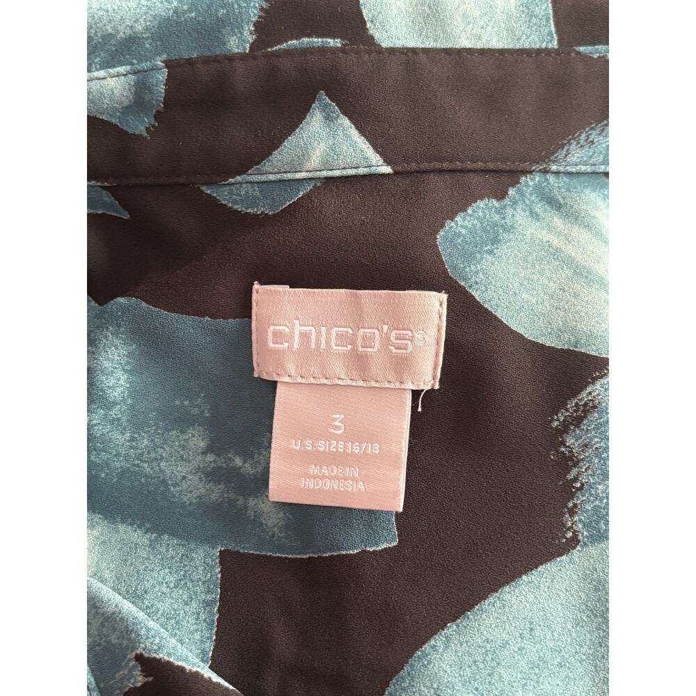 Chicos Size 3, XL Painted Brushstroke Long Sleeve Blouse Smocked Cuff Teal - Picture 6 of 7